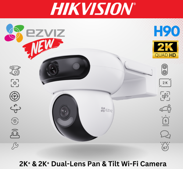 EZVIZ H90 Dual 4MP Wi-Fi camera by HortonBe featuring dual-lens, pan and tilt function, and 2K resolution for home security.