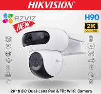 EZVIZ H90 Dual 4MP Wi-Fi camera by HortonBe featuring dual-lens, pan and tilt function, and 2K resolution for home security.