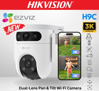 EZVIZ H9c 3K dual-lens Wi-Fi outdoor camera with pan and tilt, featuring auto-tracking and color video recording.