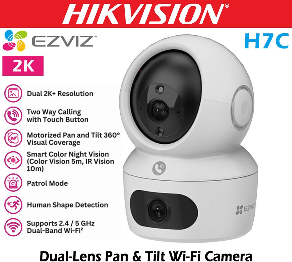 EZVIZ H7c Dual Wi-Fi camera with dual lenses, pan and tilt functionality, smart tracking, and AI features for home security.