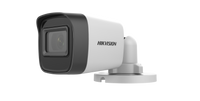 Hikvision 2 MP fixed mini bullet security camera with black housing and mounting bracket, designed for surveillance.
