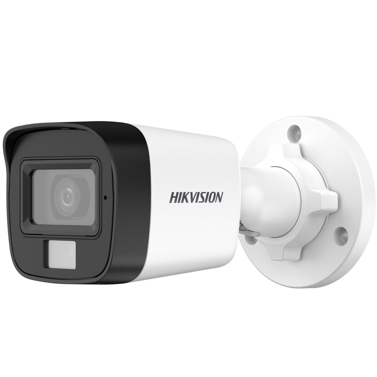 Hikvision 2MP Smart Hybrid Light Audio Fixed Mini Bullet Camera showing compact black security camera with mounting bracket and lens