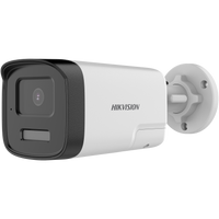 Hikvision DS-2CE17D0T-LTS 2MP fixed bullet camera with two-way audio, shown with weatherproof housing and lens.