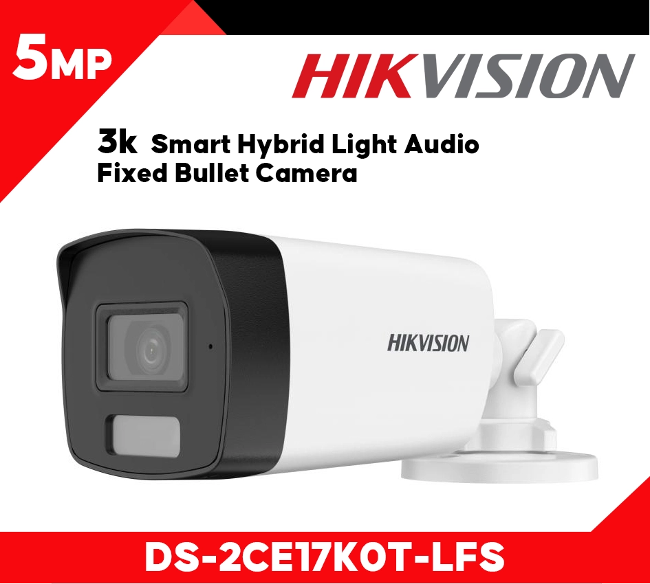 HortonBe 3K Smart Hybrid Light Audio Fixed Bullet Camera DS-2CE17K0T-LFS showing outdoor security camera with lens and mounting bracket