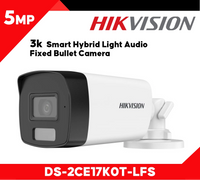 HortonBe 3K Smart Hybrid Light Audio Fixed Bullet Camera DS-2CE17K0T-LFS showing outdoor security camera with lens and mounting bracket