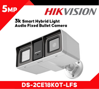 HortonBe 3K Smart Hybrid Light Audio Fixed Bullet Camera DS-2CE18K0T-LFS with night vision and audio capabilities, mounted outdoors.