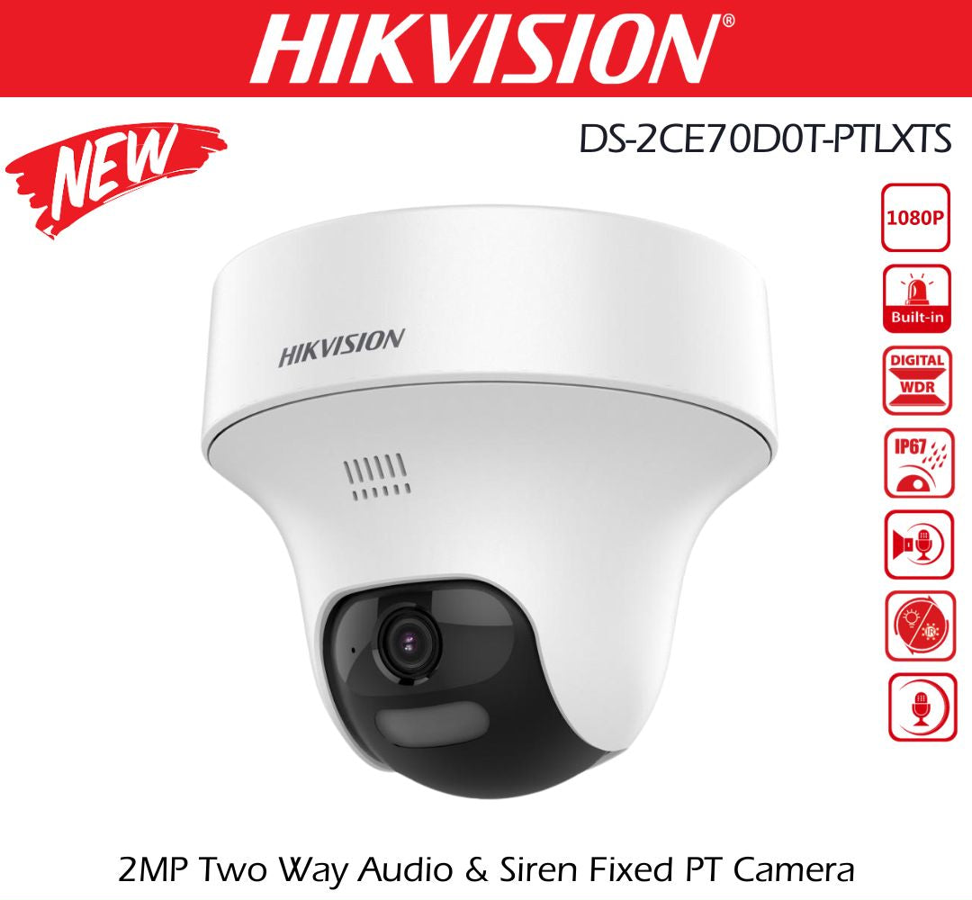 HortonBe Hikvision DS-2CE70D0T-PTLXTS 2MP pan-tilt camera with two-way audio and siren, mounted for home security surveillance.