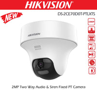 HortonBe Hikvision DS-2CE70D0T-PTLXTS 2MP pan-tilt camera with two-way audio and siren, mounted for home security surveillance.