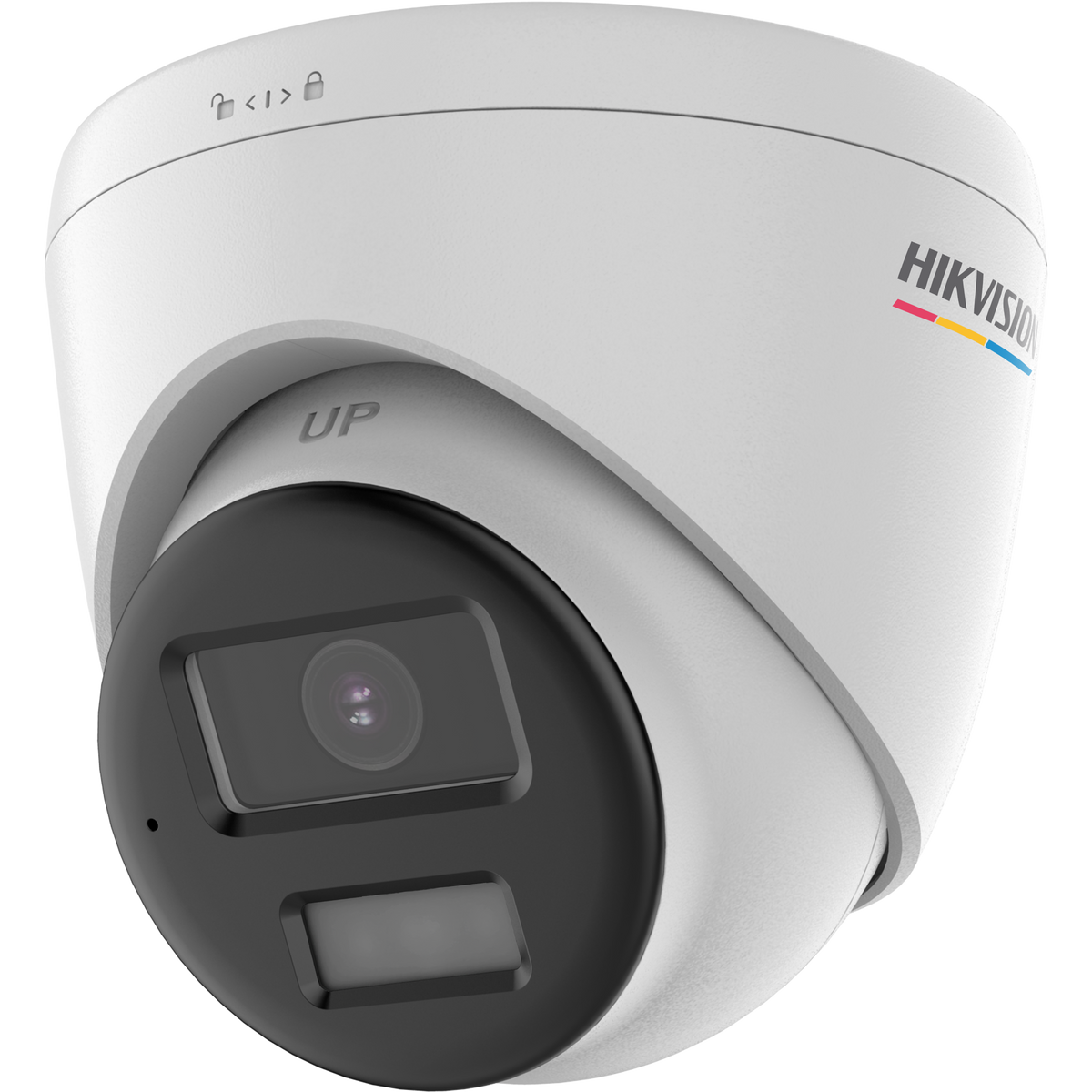 HortonBe 2MP two-way audio fixed turret security camera, DS-2CE72DF0T-LPTS, with lens and mounting bracket visible.