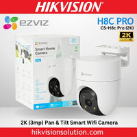 EZVIZ H8c Pro 2K+ Pan & Tilt Wi-Fi security camera with AI intruder detection and built-in siren, mounted indoors.