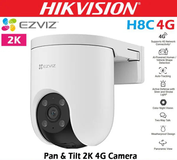 EZVIZ H8c 4G Pan & Tilt Camera by HortonBe showing the camera with active defense siren and alert features in a home setting.