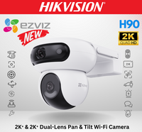 EZVIZ H90 dual lens Wi-Fi camera with 2K pan and tilt, 4MP resolution, featuring dual rotation for enhanced security.