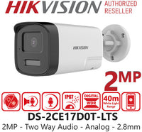 HortonBe Hikvision DS-2CE17D0T-LTS 2MP fixed bullet camera with two-way audio, weather-resistant security surveillance device