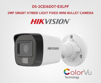 HortonBe Hikvision 2MP Smart Hybrid Light Fixed Mini Bullet Camera with compact design and infrared illumination for surveillance.
