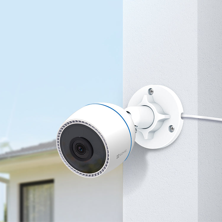 HortonBe EZVIZ H3c outdoor Wi-Fi smart home camera mounted outdoors, capturing surveillance footage in a residential setting.
