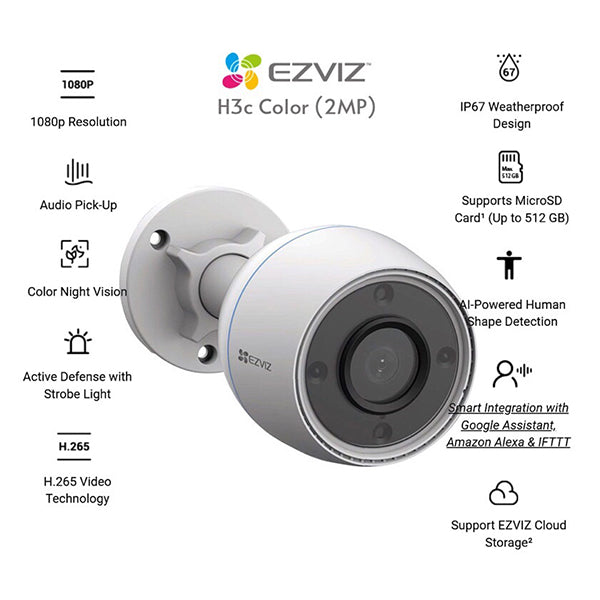 HortonBe EZVIZ H3c 2MP color Wi-Fi smart home security camera mounted on wall, capturing live surveillance footage